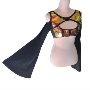 Club EXX Black Holographic Cold Shoulder Bell Sleeves Rave Crop Top Large
